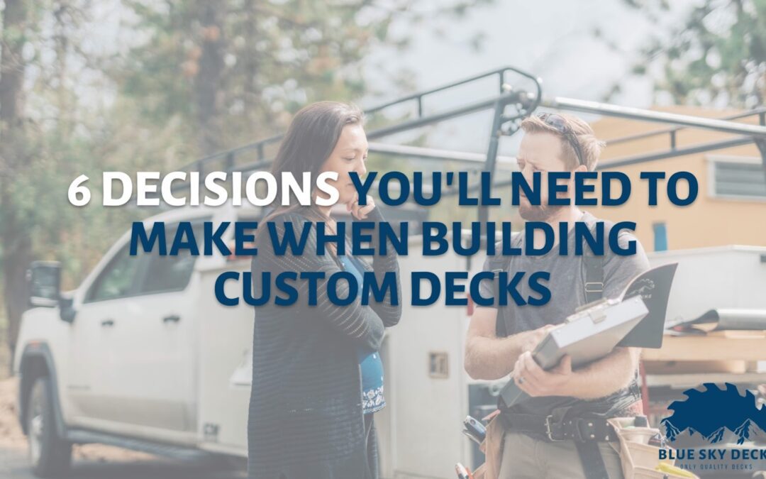 Adding custom decks to a property creates a wonderful outdoor space to gather with friends and family, and improves the overall look of a home. Thinking of adding a custom-designed deck to your home but not sure where to start? Here are six questions to ask yourself about the deck of your dreams. 1. What Will You Use the Space for? Before building your deck, start out by imagining what you and the people you'll share the deck with intend to do with this outdoor space. For example, if you intend to have family meals or get-togethers with friends, you should have a wide-open deck with a dining area to gather with others. Make sure there’s enough room to fire up the barbecue! If you plan on using the deck after hours, consider what light fixtures should be added. 2. What Kind of Material Should You Use? Deciding what materials your deck will be made of is one of the most important decisions in the entire process. Wooden decks are always a great choice for durability and style, with cedar being one popular option in particular. You can also opt for a deck built of composite material like Trex, which provides added protection from water damage and other hazards. 3. How Can You Get the Best View? Almost as important as your deck itself is the view you'll enjoy from it. Plan where to build your deck so that it faces the best view your property has to offer. You might also consider adding landscaping elements like a water feature or garden to improve the overall outdoor experience. 4. What Can Make Your Deck Stand Out? Getting your deck custom-built allows you to create something that is truly unique to your home. To make the most of this, you should think of ways to have your deck make your home stand out from other homes. The ways you can do this are only limited by your imagination, but some ideas include adding an eye-catching inlay or adding some perimeter elements to create an aesthetically-pleasing border. 5. What Budget Are You Working With? As much as we wish otherwise, financial constraints always need to be taken into account with any large-scale home improvement project. Before starting the project, establish a clear budget range that you need to stay within. This will enable you to make decisions regarding your deck knowing that the build will not damage your overall financial situation. 6. Should You Do It Yourself or Hire Professionals? Some home improvement projects are manageable enough that you can tackle them yourself, giving you a sense of personal accomplishment when you get the job done. However, a custom-built deck is a more extensive project than most people can handle. Instead of ending up with a deck that doesn't live up to your aesthetic goals or is unsafe or otherwise not up to building code, leave your deck to the professionals to get the quality you need. Want to get the deck you want built by professionals who will get the job done right? Contact Blue Sky Decks today to have our team build the deck of your dreams!