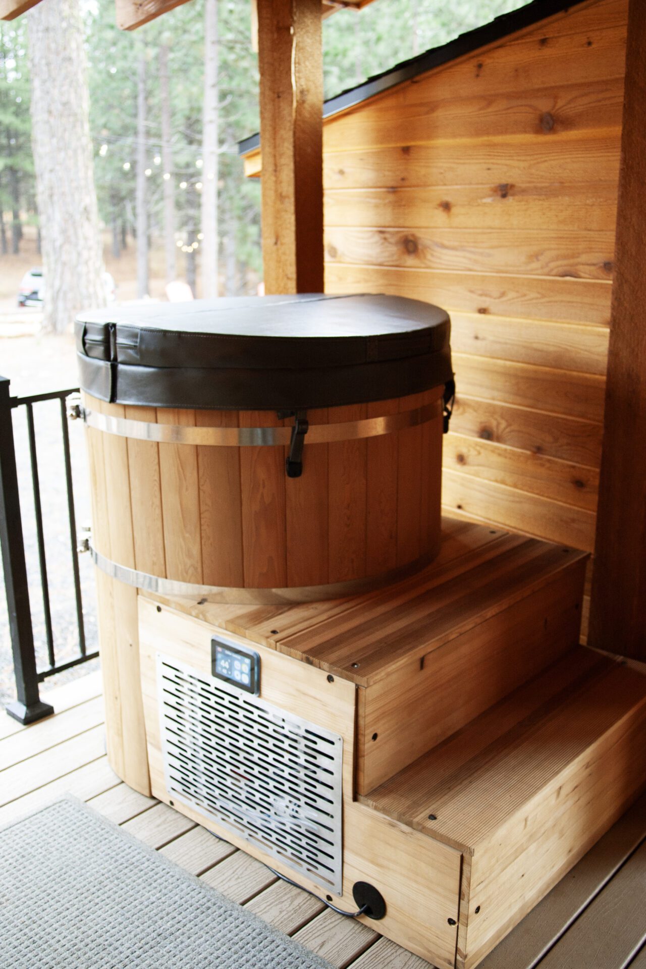 Outdoor cold plunge tub installed on deck at Happy Hill Yurt by Blue Sky Decks.